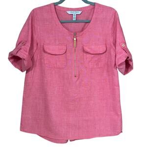 Ellen Tracy Women’s Sz M Red Linen Blend Top Gold Zip Tassel Roll Tab Sleeves